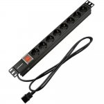 Rexant (04-0302-1) Блок распределения питания для 19″ шкафов, горизонтальный, 8 розеток СЕЕ 7/4, 10A, выкл, алюм корп, шнур 2м, вилка C14