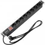 Rexant (04-0104-1) Блок распределения питания для 19″ шкафов, горизонтальный, 8 розеток СЕЕ 7/4, 16A, выкл, алюм корп, шнур 2м, вилка СЕЕ 7/7