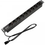 Rexant (04-0305-1) Блок распределения питания для 19″ шкафов, горизонтальный, 9 розеток СЕЕ 7/4, 10A, без выкл, алюм корп, шнур 2м, вилка C14