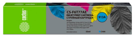 Картридж струйный Cactus CS-F6T77AE (№913A/F6T77AE), голубой, совместимый, 55 мл, для HP PW 352dw/377dw/Pro 477dw/452dw