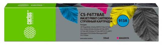 Картридж струйный Cactus CS-F6T78AE (№913A/F6T78AE), пурпурный, совместимый, 55 мл, для HP PW 352dw/377dw/Pro 477dw/452dw