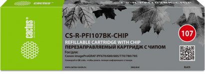 Перезаправляемый картридж Cactus (PFI-107BK/6705B001), 260 мл., черный, без чернил, с чипом для Canon imagePROGRAF iPF685/imagePROGRAF iPF670/imagePROGRAF iPF680/imagePROGRAF iPF770/imagePROGRAF iPF780/imagePROGRAF iPF785 (CS-R-PFI107BK-CHIP)