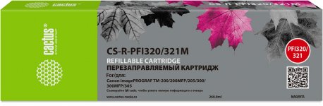 Перезаправляемый картридж Cactus (PFI-320/321M/2892C003), 260 мл., пурпурный, без чернил, без чипа для Canon imagePROGRAF TM-300MFP/imagePROGRAF TM-200/imagePROGRAF TM-300/imagePROGRAF TM-305/imagePROGRAF TM-200MFP/imagePROGRAF TM-255/imagePROGRAF TM-350/