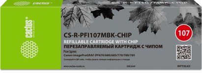 Перезаправляемый картридж Cactus (PFI-107MBK/6704B001), 260 мл., черный матовый, без чернил, с чипом для Canon imagePROGRAF iPF685/imagePROGRAF iPF670/imagePROGRAF iPF680/imagePROGRAF iPF770/imagePROGRAF iPF780/imagePROGRAF iPF785 (CS-R-PFI107MBK-CHIP)