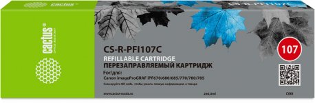 Перезаправляемый картридж Cactus (PFI-107C/6706B001), 260 мл., голубой, без чернил, без чипа для Canon imagePROGRAF iPF685/imagePROGRAF iPF670/imagePROGRAF iPF680/imagePROGRAF iPF770/imagePROGRAF iPF780/imagePROGRAF iPF785 (CS-R-PFI107C)