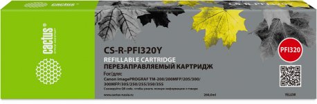 Перезаправляемый картридж Cactus (PFI-320Y/2893C003), 260 мл., желтый, без чернил, без чипа для Canon imagePROGRAF TM-300MFP/imagePROGRAF TM-200/imagePROGRAF TM-205/imagePROGRAF TM-300/imagePROGRAF TM-305/imagePROGRAF TM-200MFP/imagePROGRAF TM-250/imagePR