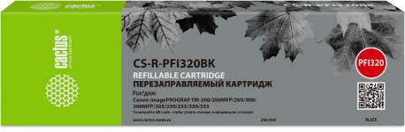 Перезаправляемый картридж Cactus (PFI-320BK/2890C003), 260 мл., черный, без чернил, без чипа для Canon imagePROGRAF TM-300MFP/imagePROGRAF TM-200/imagePROGRAF TM-205/imagePROGRAF TM-300/imagePROGRAF TM-305/imagePROGRAF TM-200MFP/imagePROGRAF TM-250/imageP