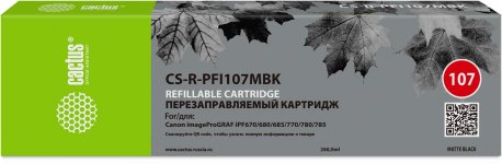 Перезаправляемый картридж Cactus (PFI-107MBK/6704B001), 260 мл., черный матовый, без чернил, без чипа для Canon imagePROGRAF iPF685/imagePROGRAF iPF670/imagePROGRAF iPF680/imagePROGRAF iPF770/imagePROGRAF iPF780/imagePROGRAF iPF785 (CS-R-PFI107MBK)