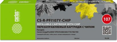 Перезаправляемый картридж Cactus (PFI-107Y/6708B001), 260 мл., желтый, без чернил, с чипом для Canon imagePROGRAF iPF685/imagePROGRAF iPF670/imagePROGRAF iPF680/imagePROGRAF iPF770/imagePROGRAF iPF780/imagePROGRAF iPF785 (CS-R-PFI107Y-CHIP)