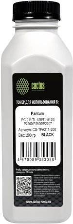 Тонер Cactus, бутыль 200 г, черный, совместимый для Pantum P2200/P2500/P2207 (CS-TPA211-200)